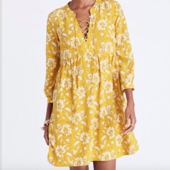 Madewell 100% Silk Boho Assam Floral Lace Up 3/4 Sleeve Dress - Picture 3 of 7